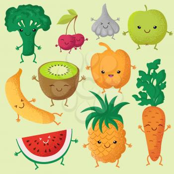 Happy cartoon fruits and garden vegetables with funny cute faces vector characters. Fruits smile face, illustration of character vegetable and fruit