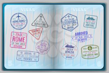 Open passport for foreign traveling. Pages with immigration vector icon set stamps. Personal passport with stamps arrived illustration