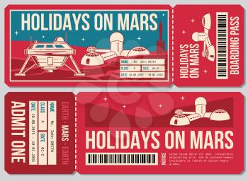 Travel voucher vector ticket. Holiday on Mars promo action. Ticket to mars planet, illustration of ticket voucher travel