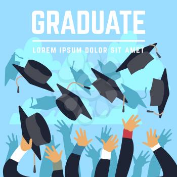High school graduating students throw black graduation caps up in sky vector illustration. Student trow cap in air, celebration ceremony achievement education