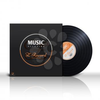 Retro stereo audio black vinyl disc and album paper sleeve cover vector mockup. Music analog vinyl plate in packaging box vector illustration