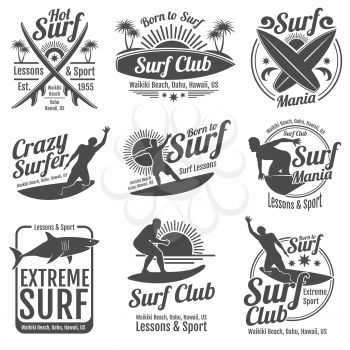 Surfing club vector vintage emblems. Surf board on wave signs. Summer tropical beach shore labels. Emblem surf club illustration