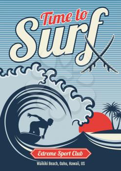 Surfing vector hawaii t-shirt vector vintage design. Typography surfing t-shirt, illustration of graphic surfer on wave ocean