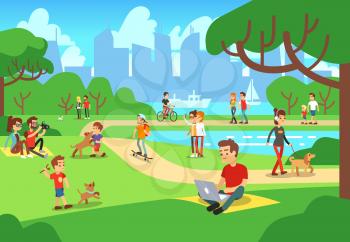 People in city park. Relaxing men and women outdoor with smart phones vector illustration. Urban green park with people relax