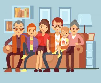 Happy family sitting on sofa. Grandpa and grandma, parents and kids flat vector illustration. Mother and father with children on sofa