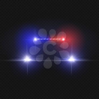 Police car headlights and blinking red siren lights isolated on transparent background. Police car with light red siren, illustration of driving police automobile