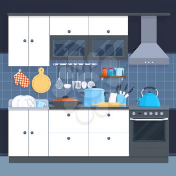 Kitchen home interior with oven and kitchenware vector illustration. Kitchen appliance and equipment for cooking