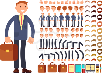 Cartoon businessman customizable vector character set. Constructor of different poses. Character businessman constructor foot and hair, arm and head illustration