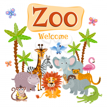 Zoo vector illustration with wild cartoon safari animals. Banner welcome zoo, wildlife animal zoo rhinoceros and flamingo