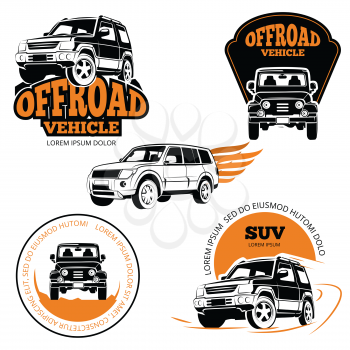 Off-road vehicle labels or logos set isolated on white background. Vector vehicle icon emblem, automobile illustration