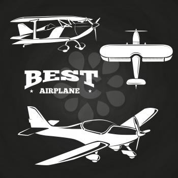 White airplanes collection on chalkboard design. Collection of air plane badge. Vector illustration