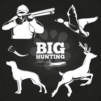 Big hunting elements on blackboard - duck, dog, deer and hunter. Vector illustration