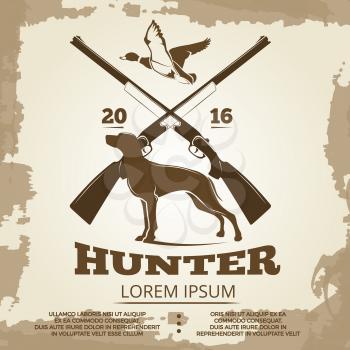 Hunting vintage poster design with guns, dog and duck. Hunt banner vector illustration