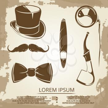 Getlemen style objects - cylinder, bow tie, tobacco. Vector vintage icons illustration