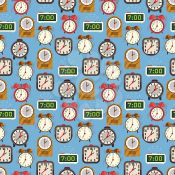Seamless pattern with colorful alarm clocks on blue backdrop. Background with clock. Vector illustration