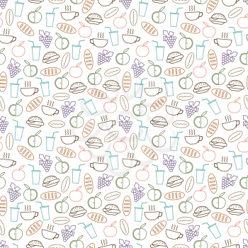 Food and drinks seamless pattern design - seamless texture with burger, drinks, bread and fruits line icons. Background breakfast vector illustration
