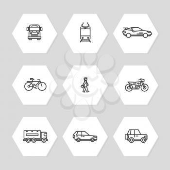 City transportation line icons set - cars, train, bus icons. Collection of linear transportation symbol. Vector illustration