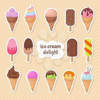 Cartoon ice creams vector stickers and patches. Sticker patch cartoon ice cream illustration