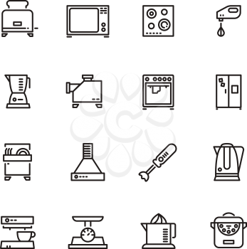 Kitchen and cooking appliances household vector line symbols. Kitchen equipment, coffee maker, toaster and refrigerator illustration