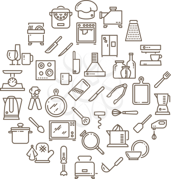 Cooking food in kitchen outline icons. Kitchen utensil design linear graphic, opener and kettle. Vector illustration