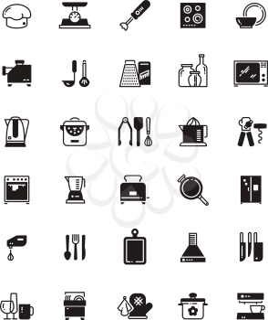 Kitchen and cooking black icons isolated on white. Kitchen appliance microwave and mixer, vector illustration
