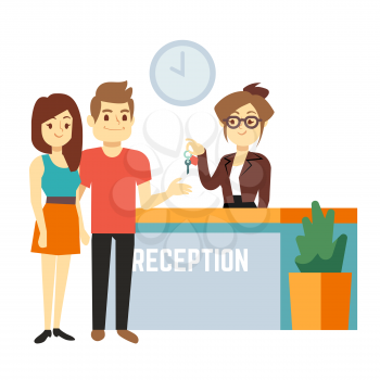 Young and happy couple at reception with smiling receptionist. Hotel reservation on holiday flat vector concept. Reservation hotel and travel tourism in hostel illustration