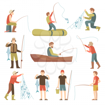 Summer fishing sport vacation vector flat icons. Fishermen with fish set. Fisherman fishing in boat illustration