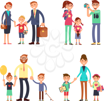 Kids and parents in happy family. Mom, dad and children vector flat characters set. Happy family man woman with boy and girl illustration