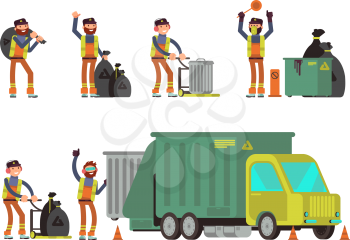 Garbage man collecting city rubbish and waste for recycling. Vector set of people collect dumpster city illustration