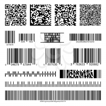 Business barcodes and QR codes vector set. Black striped code for digital identification, illustration of monochrome design qr code