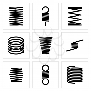 Steel wire flexible spiral coils spring vector icons. Flexible spring of set, illustration of black silhouette steel spring