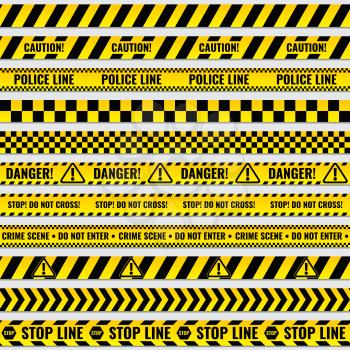 Black and yellow police stripe border, construction, danger caution seamless tapes vector set. Police line for for fencing crime scene, illustration of police barriers