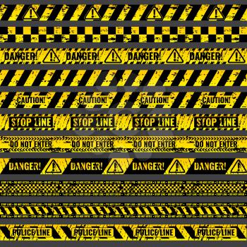 Crime accident scene caution, warning police vector grungy yellow and black tapes. Riibon stop line, illustration set of ribbons for area barriers
