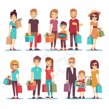 People shopping in mall vector cartoon characters set. Family with children and shopping bags. Illustration of woman in shopping