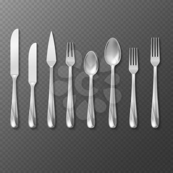 Vector realistic cutlery set, silver or steel fork, spoon, knife. Utensil spoon and fork for restaurant, knife and fork for dinner illustration