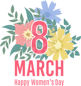Greeting card of 8 march. Happy womens day background with spring flowers. Newsletter vector template with floral elements. Illustration of greeting card eight march, international happy woman day