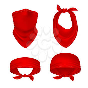 Red bandana. Cowboy or biker face scarf, bandanna neck shawl. Blank handkerchief unisex uniform. Western clothes isolated vector set. Illustration of bandanna scarf, bandana unisex for neck biker