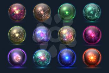 Magical crystal orbs. Glowing magic balls, mysterious paranormal wizard spheres. Vector set of crystal orb and ball sphere illustration
