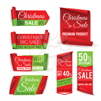 Christmas sale banners. Red silk ribbons with christmas discount and winter xmas holiday offer text. Vector set of sale christmas label, discount banner xmas illustration