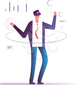 Businessman in virtual reality. Man in goggles headset interacting virtual projection of financial chart. Vr business vector concept. Virtual business online, interact cyberspace illustration