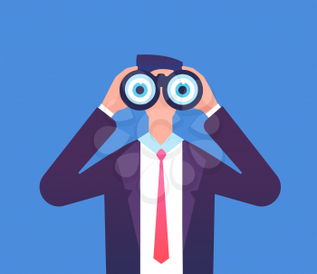 Man looking through binoculars. We are hiring, recruiting and business seeing vector concept. Businessman through binoculars, looking in binocular illustration