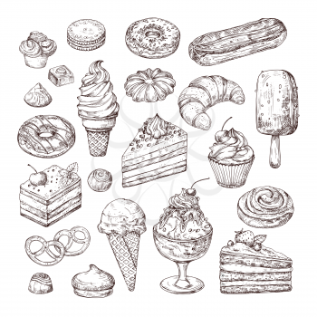 Sketch dessert. Cake, pastry and ice cream, apple strudel and muffin in vintage engraving style. Hand drawn fruit desserts vector set. Illustration of cake with cream, dessert sketch, pastry sweet