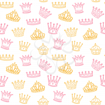 Crown seamless pattern. Golden and pink crowns for princess. Newborn girl vector background. Illustration of princess crown pattern, background seamless