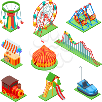 Amusement park isometric elements. Ferris wheel and circus tent, popcorn booth and roller coaster. Vector set of amusement park, circus tent and carousel illustration