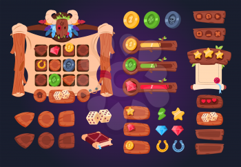Cartoon game ui. Wooden buttons, sliders and icons. Interface for 2d games, app gui vector design. Game wood interface, gui application panel illustration