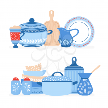 Cartoon cookware. Kitchen crockery, cooking tools vector isolated set. Illustration of cooking kitchenware, crockery for cookware