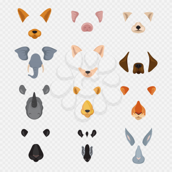 Video mobile chat animal faces. Cartoon animals masks isolated on transparent background. Vector face bunny and zebra, hare and tiger illustration