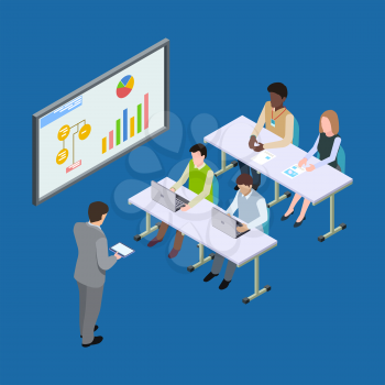 Isometric presentation at the economic forum, economics lesson or business conference vector concept. Illustration of conference presentation isometric, training corporate team