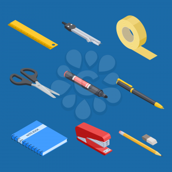 Isometric stationery and office tools vector elements. Illustration of office tool, stationery equipment