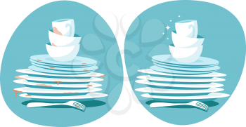 Clean and dirty dishes. Kitchen plates before and after washing. Kitchen utensils wash vector concept. Dirty plate dish, unwashed, dinnerware illustration